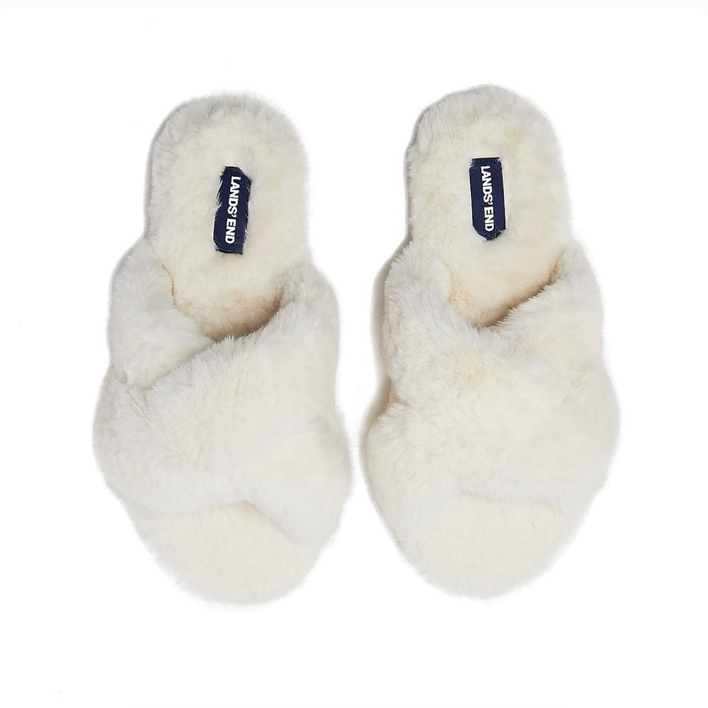 Lands End Cream Fuzzy Real Shearling Fur Open Toe  Slippers Criss Cross SZ 9